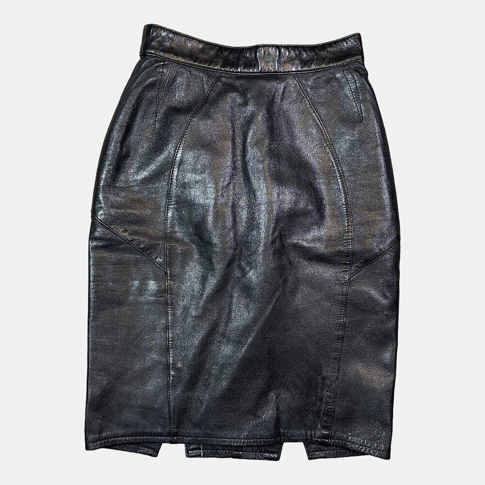 Vintage Tannery West 100% Leather Black Bikercore Pencil Skirt Women's Size 4